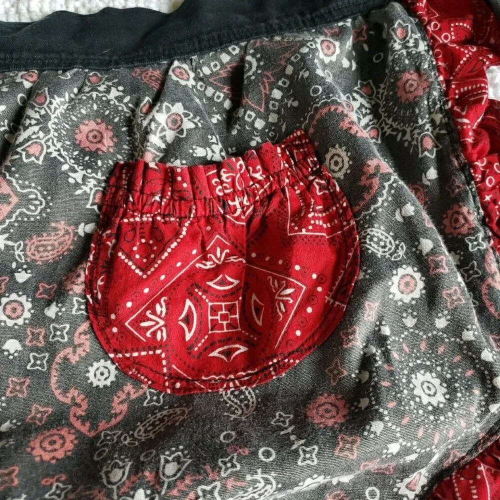 Handcrafted Bandana Paisley Half Apron Grey Red Ruffle Pocket Cottagecore